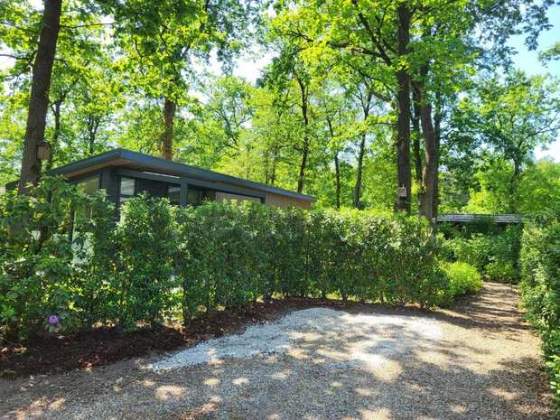 Chalet Heuvelrug seen from the driveway, surrounded by greenery at Holiday Park Bonte Vlucht